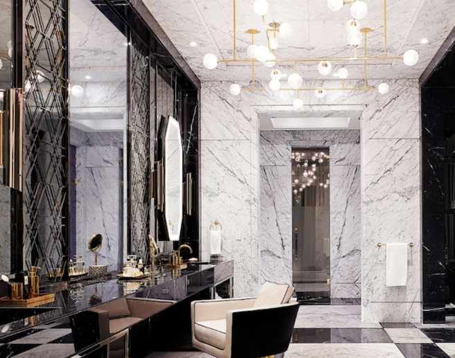 黑钛不锈钢背景墙效果图，黑漆漆的卫浴，竟然能这么好看